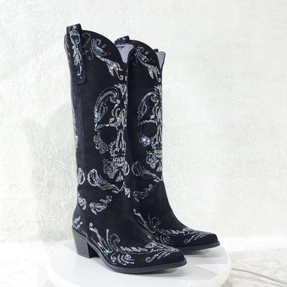 Muerto Country Western Cowgirl Boots Sparkling Iridescent Rhinestones Skull